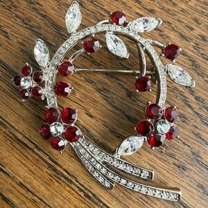Elegant Silver and Red Crystal Brooch